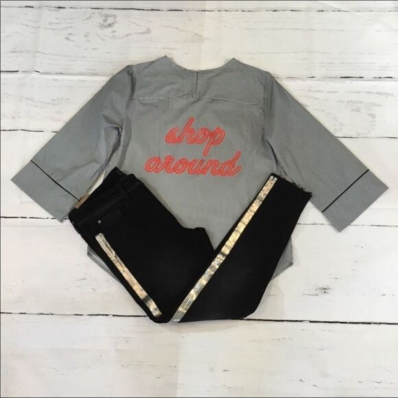 Gray Pinstriped Graphic Red Backside 3/4” Sleeve U Hemline by Zara - Picture 5 of 5